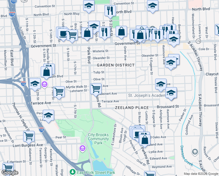 map of restaurants, bars, coffee shops, grocery stores, and more near 2157 Kleinert Avenue in Baton Rouge