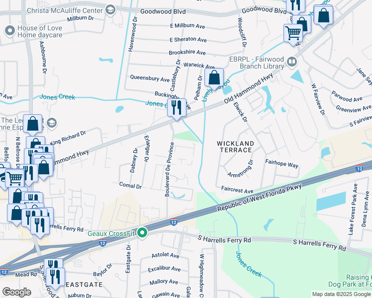 map of restaurants, bars, coffee shops, grocery stores, and more near 1779 Boulevard De Province in Baton Rouge