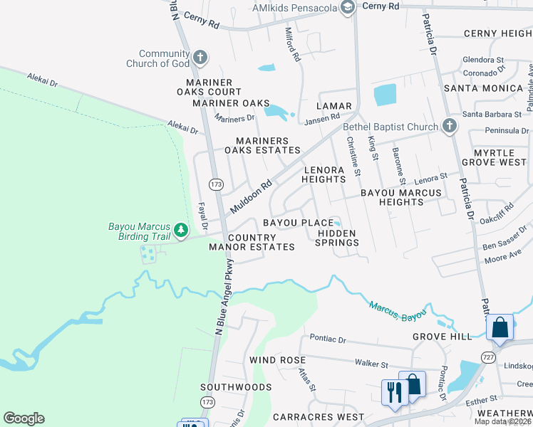 map of restaurants, bars, coffee shops, grocery stores, and more near 7972 Cayenne Way in Pensacola