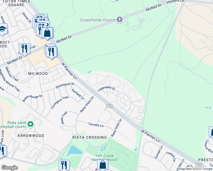 map of restaurants, bars, coffee shops, grocery stores, and more near 5400 West Parmer Lane in Austin