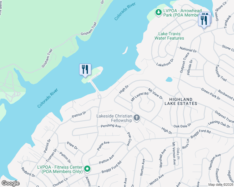 map of restaurants, bars, coffee shops, grocery stores, and more near 21619 High Drive in Lago Vista