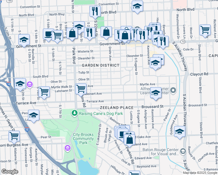 map of restaurants, bars, coffee shops, grocery stores, and more near 2260 Myrtle Avenue in Baton Rouge