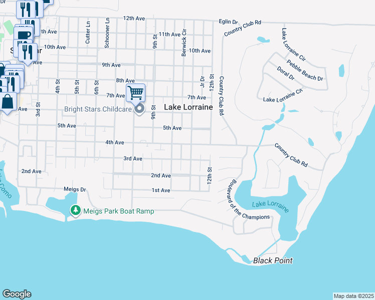map of restaurants, bars, coffee shops, grocery stores, and more near 21 11th Street in Shalimar
