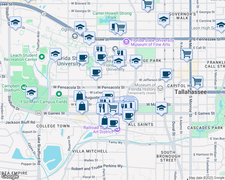 map of restaurants, bars, coffee shops, grocery stores, and more near 641 Saint Augustine Street in Tallahassee