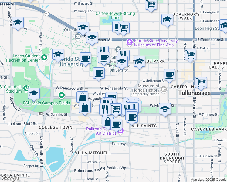 map of restaurants, bars, coffee shops, grocery stores, and more near 641 Saint Augustine Street in Tallahassee