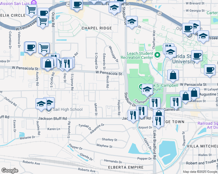 map of restaurants, bars, coffee shops, grocery stores, and more near in Tallahassee