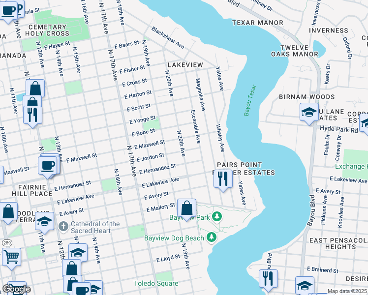 map of restaurants, bars, coffee shops, grocery stores, and more near 2001 East Jordan Street in Pensacola