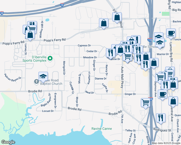 map of restaurants, bars, coffee shops, grocery stores, and more near 451 Ginger Drive in D'Iberville