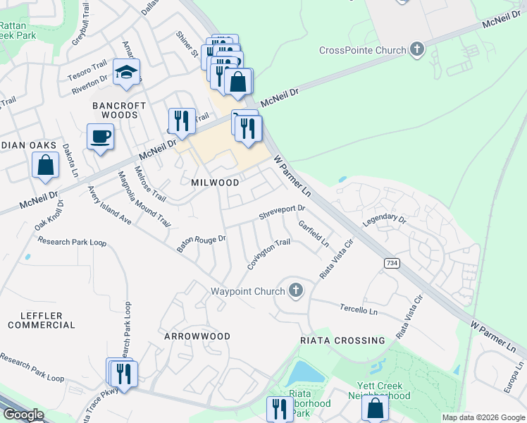 map of restaurants, bars, coffee shops, grocery stores, and more near 12917 Quinn Trail in Austin