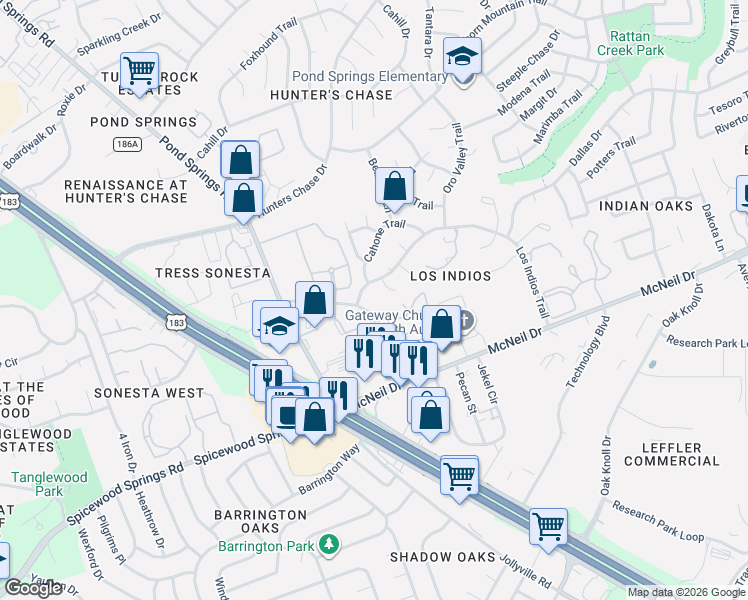 map of restaurants, bars, coffee shops, grocery stores, and more near 7905 San Felipe Boulevard in Austin