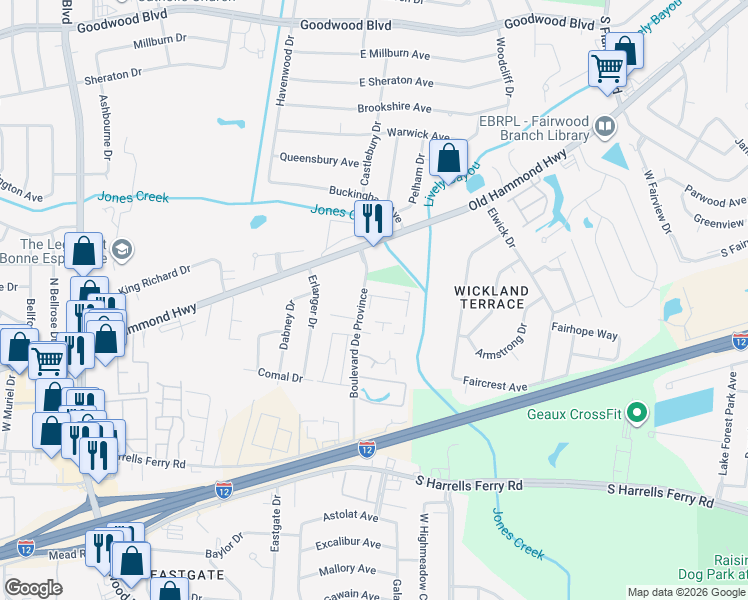 map of restaurants, bars, coffee shops, grocery stores, and more near 5578 Boulevard De Province in Baton Rouge