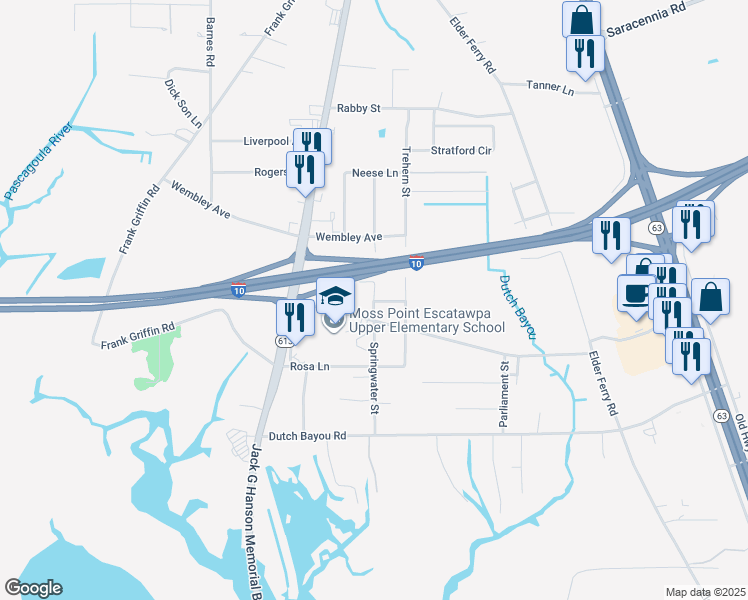 map of restaurants, bars, coffee shops, grocery stores, and more near 6700 Springwater Street in Moss Point