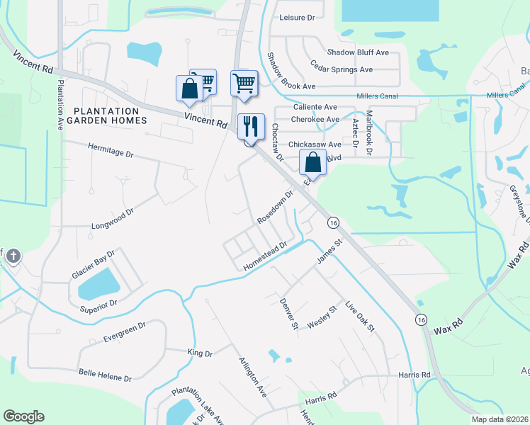 map of restaurants, bars, coffee shops, grocery stores, and more near 8715 Fairoaks Street in Denham Springs