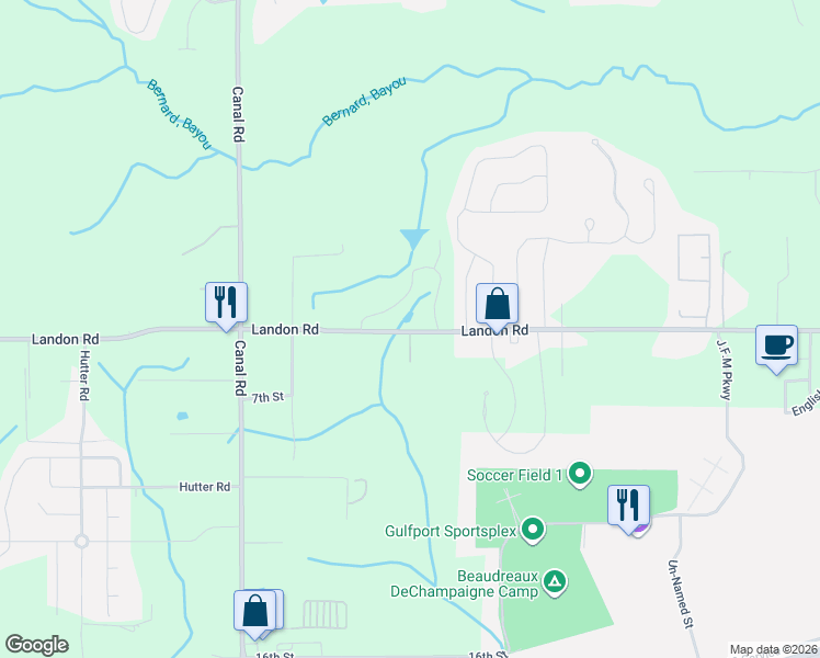 map of restaurants, bars, coffee shops, grocery stores, and more near 17328 Landon Road in Gulfport