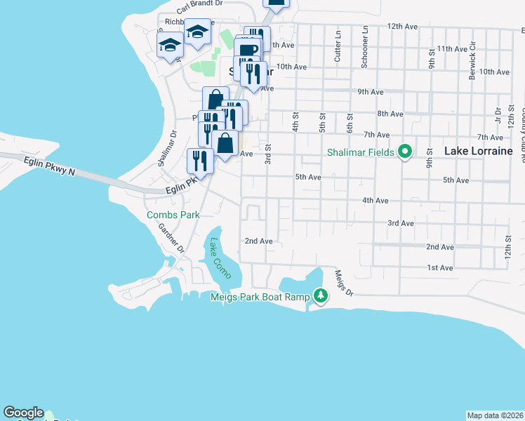 map of restaurants, bars, coffee shops, grocery stores, and more near 880 Van Dyke Drive in Shalimar