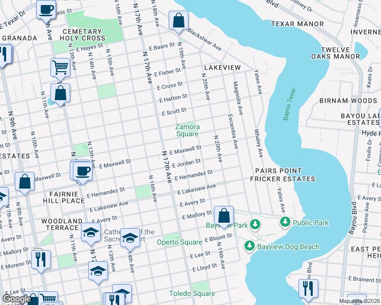map of restaurants, bars, coffee shops, grocery stores, and more near 1800 East Jordan Street in Pensacola