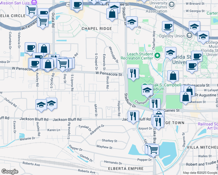 map of restaurants, bars, coffee shops, grocery stores, and more near 1618 Belle Vue Way in Tallahassee