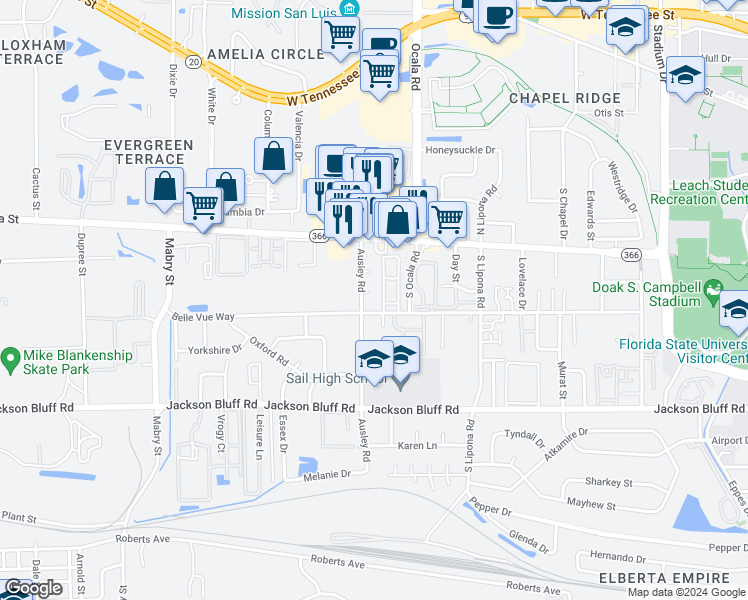 map of restaurants, bars, coffee shops, grocery stores, and more near 2029 Carol Court in Tallahassee