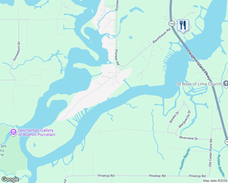map of restaurants, bars, coffee shops, grocery stores, and more near 3621 Bebee Point Drive in Theodore