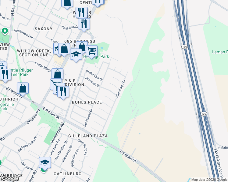 map of restaurants, bars, coffee shops, grocery stores, and more near 1417 Firebush Drive in Pflugerville
