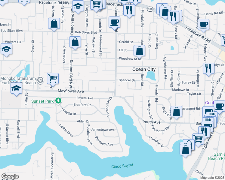 map of restaurants, bars, coffee shops, grocery stores, and more near 609 James Lee Road in Fort Walton Beach