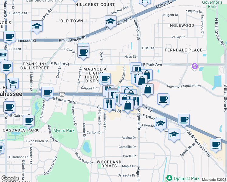 map of restaurants, bars, coffee shops, grocery stores, and more near 329 Marriott Drive in Tallahassee