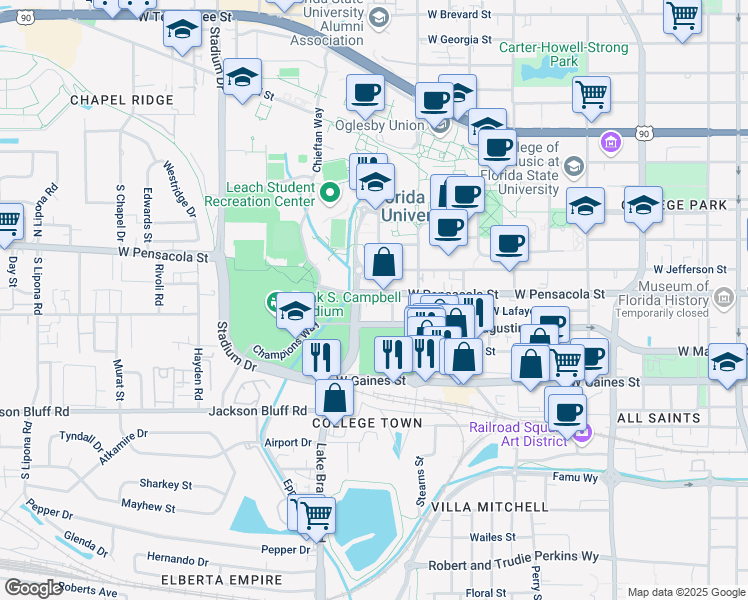 map of restaurants, bars, coffee shops, grocery stores, and more near 405 Dunwoody Street in Tallahassee