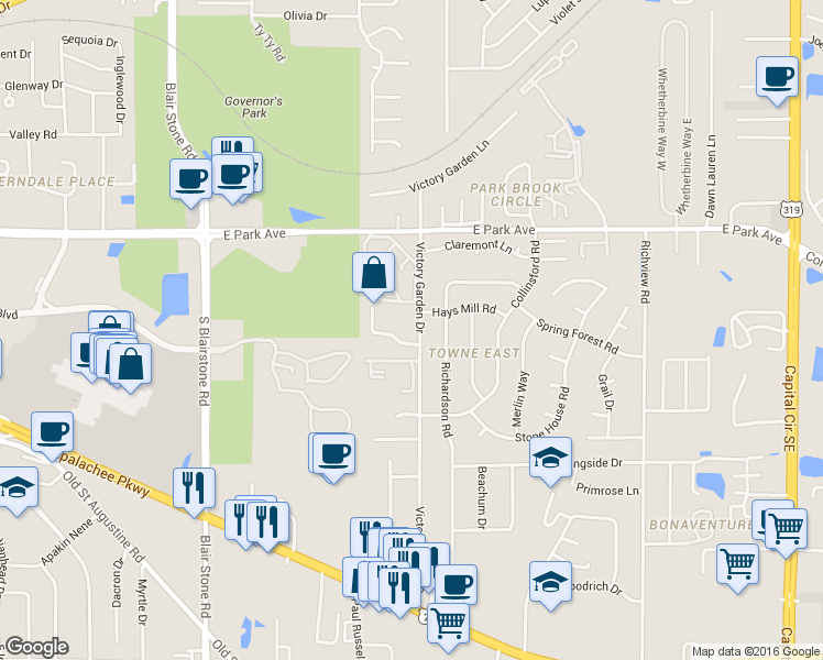 map of restaurants, bars, coffee shops, grocery stores, and more near in Tallahassee