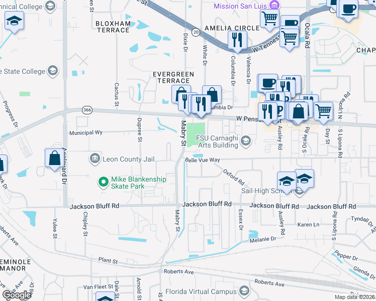 map of restaurants, bars, coffee shops, grocery stores, and more near 333 Mabry Street in Tallahassee