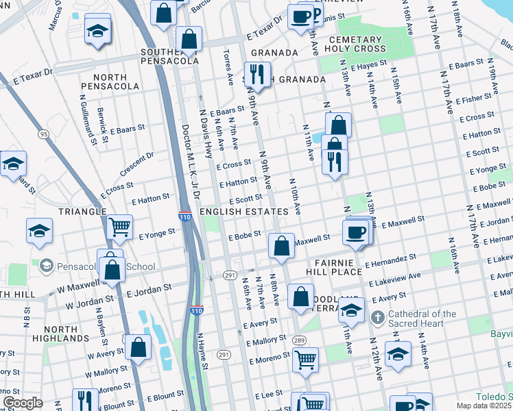 map of restaurants, bars, coffee shops, grocery stores, and more near 2401 North 8th Avenue in Pensacola