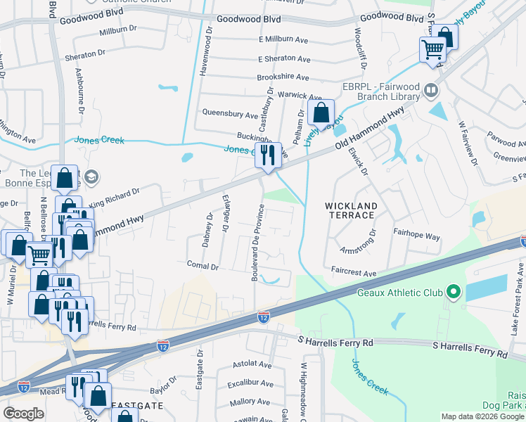 map of restaurants, bars, coffee shops, grocery stores, and more near 1768 Boulevard De Province in Baton Rouge