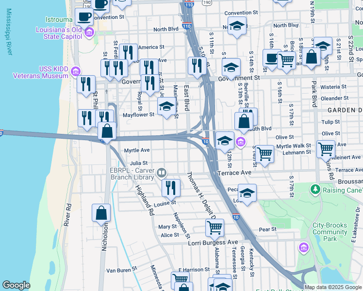 map of restaurants, bars, coffee shops, grocery stores, and more near 1110 Thomas H. Delpit Drive in Baton Rouge