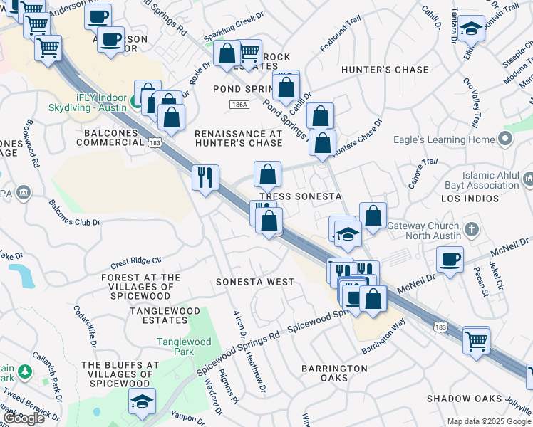 map of restaurants, bars, coffee shops, grocery stores, and more near 13010 Research Boulevard in Austin