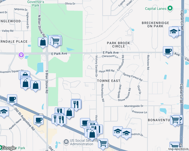 map of restaurants, bars, coffee shops, grocery stores, and more near 422 Victory Garden Drive in Tallahassee