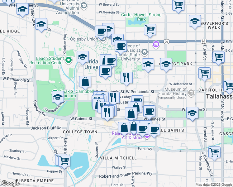 map of restaurants, bars, coffee shops, grocery stores, and more near 733 West Pensacola Street in Tallahassee