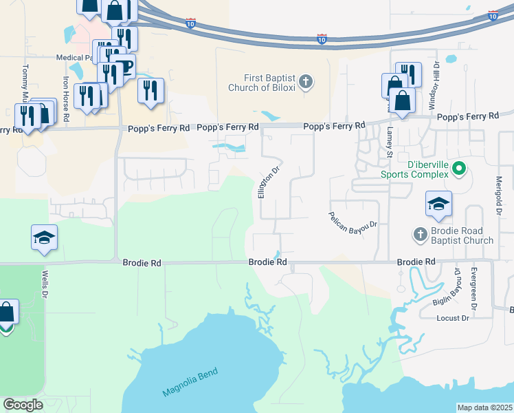 map of restaurants, bars, coffee shops, grocery stores, and more near 833 Ellington Drive in Biloxi