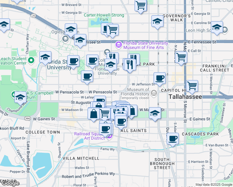 map of restaurants, bars, coffee shops, grocery stores, and more near 555 West Pensacola Street in Tallahassee