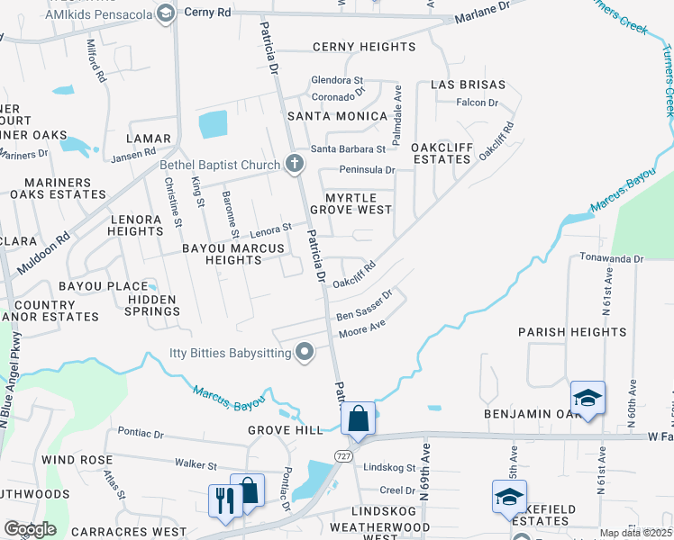 map of restaurants, bars, coffee shops, grocery stores, and more near 2845 Red Oak Drive in Pensacola