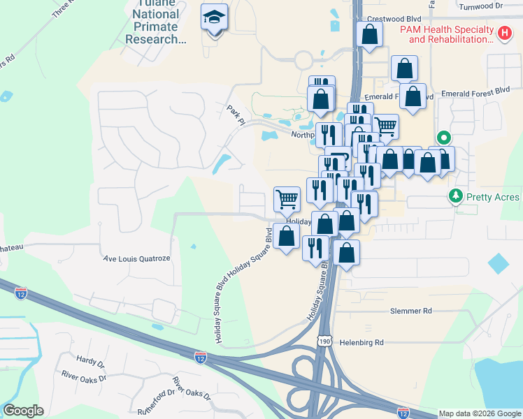 map of restaurants, bars, coffee shops, grocery stores, and more near 300 Holiday Boulevard in Covington