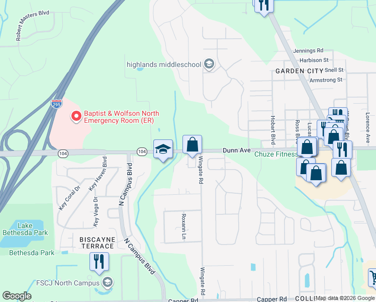 map of restaurants, bars, coffee shops, grocery stores, and more near 3805 Dunn Avenue in Jacksonville