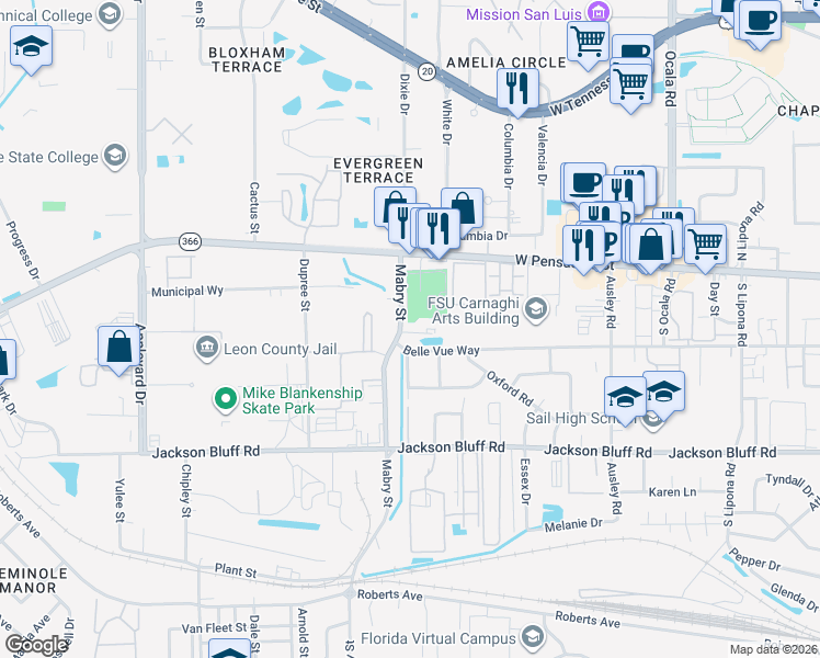 map of restaurants, bars, coffee shops, grocery stores, and more near 333 Mabry Street in Tallahassee