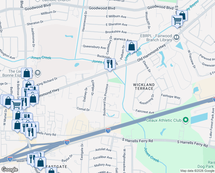 map of restaurants, bars, coffee shops, grocery stores, and more near 1768 Boulevard De Province in Baton Rouge