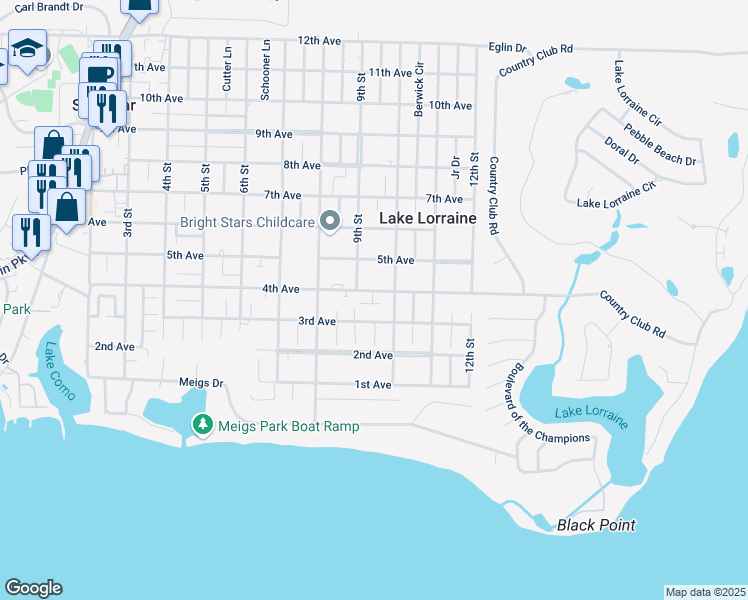 map of restaurants, bars, coffee shops, grocery stores, and more near 20 9th Street in Shalimar