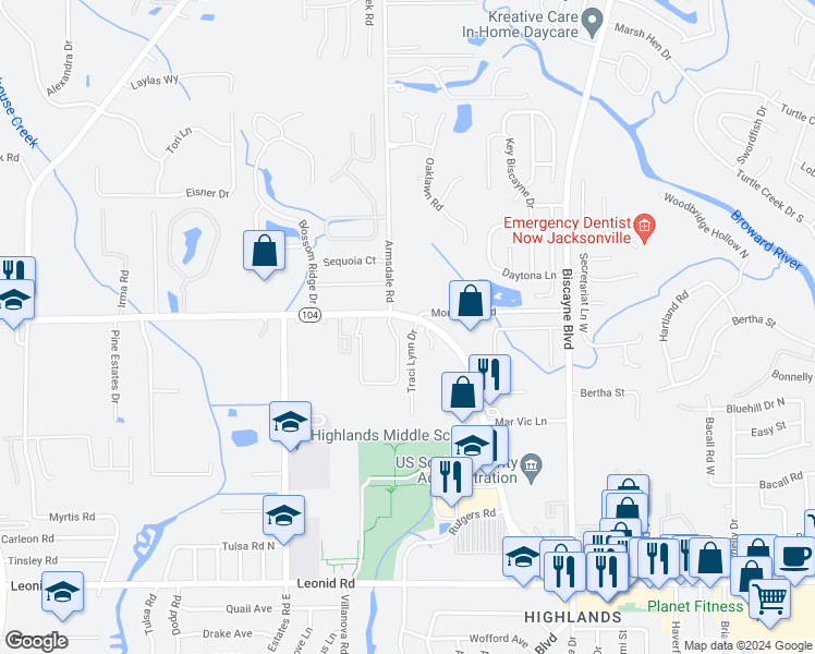 map of restaurants, bars, coffee shops, grocery stores, and more near 11062 Traci Lynn Drive in Jacksonville