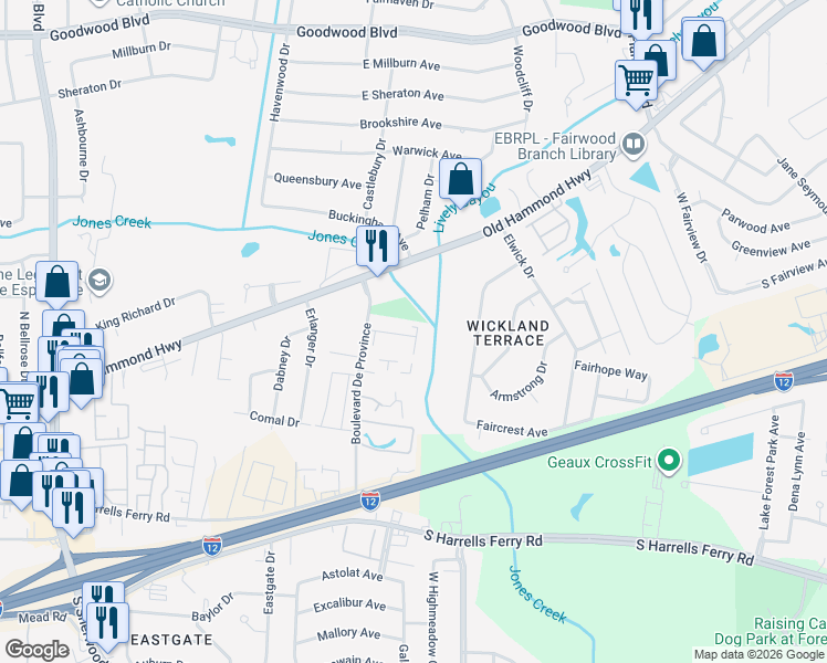 map of restaurants, bars, coffee shops, grocery stores, and more near 1777 Boulevard De Province in Baton Rouge