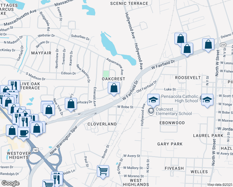 map of restaurants, bars, coffee shops, grocery stores, and more near 3700 West Fairfield Drive in Pensacola