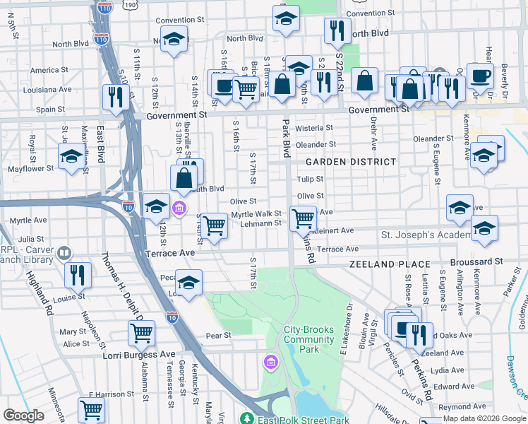 map of restaurants, bars, coffee shops, grocery stores, and more near 1825 Lehmann Street in Baton Rouge