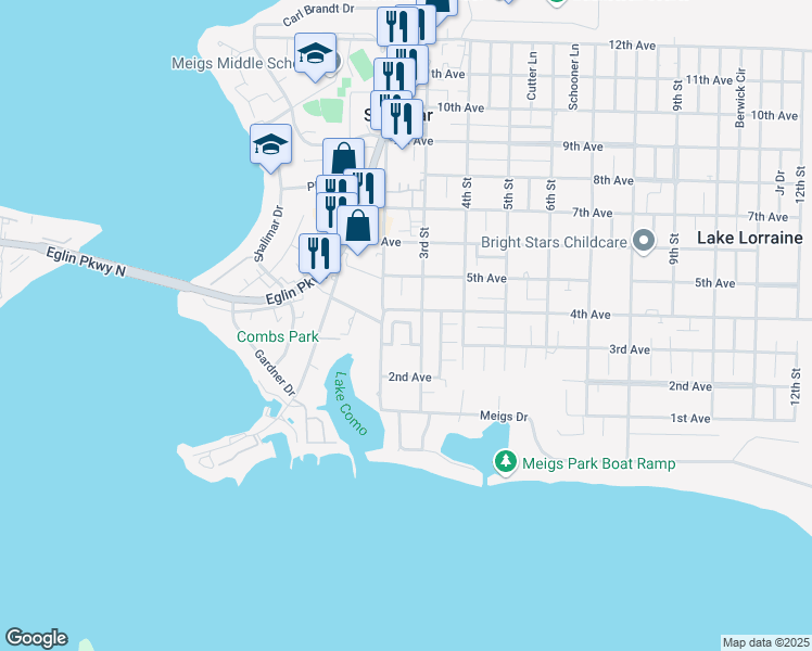 map of restaurants, bars, coffee shops, grocery stores, and more near 873 Van Dyke Drive in Shalimar