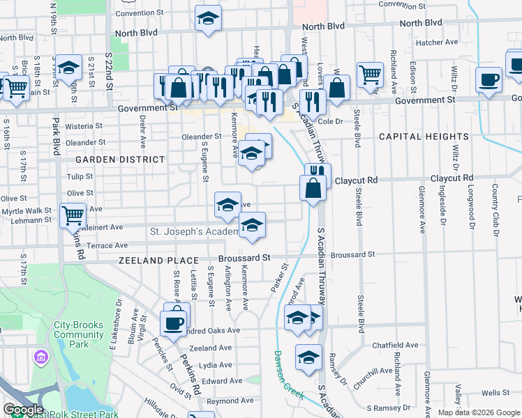 map of restaurants, bars, coffee shops, grocery stores, and more near 3111 Kleinert Avenue in Baton Rouge