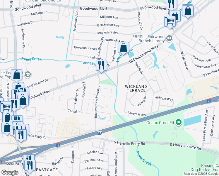 map of restaurants, bars, coffee shops, grocery stores, and more near 1777 Boulevard De Province in Baton Rouge